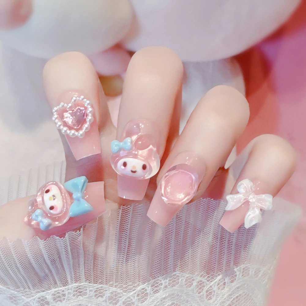 Sanrio Kawaii Pink My Melody Fake Nails 24Pc 3D kuromi Anime Cute Nail Patches False Nail Tips Cartoon Y2K Fashion Press on Nail