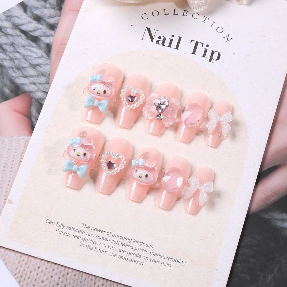 Sanrio Kawaii Pink My Melody Fake Nails 24Pc 3D kuromi Anime Cute Nail Patches False Nail Tips Cartoon Y2K Fashion Press on Nail