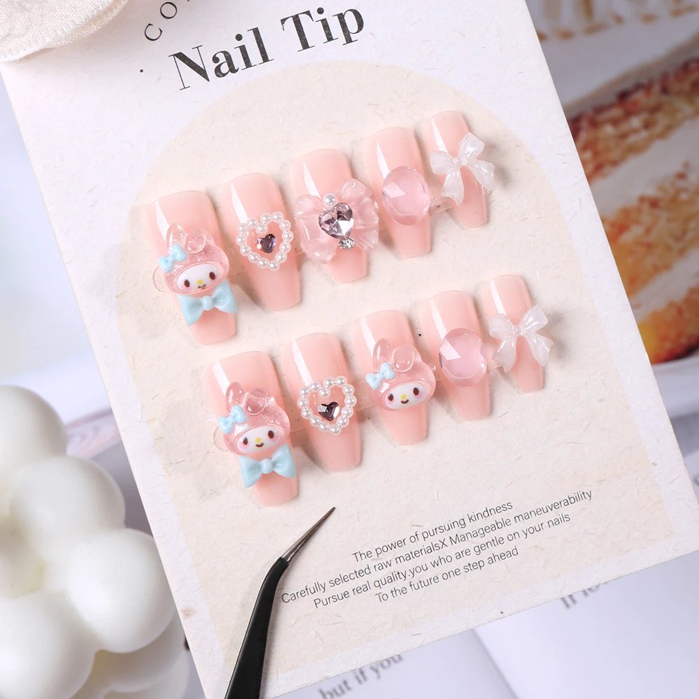 Sanrio Kawaii Pink My Melody Fake Nails 24Pc 3D kuromi Anime Cute Nail Patches False Nail Tips Cartoon Y2K Fashion Press on Nail