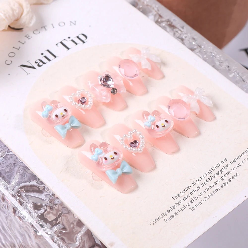 Sanrio Kawaii Pink My Melody Fake Nails 24Pc 3D kuromi Anime Cute Nail Patches False Nail Tips Cartoon Y2K Fashion Press on Nail