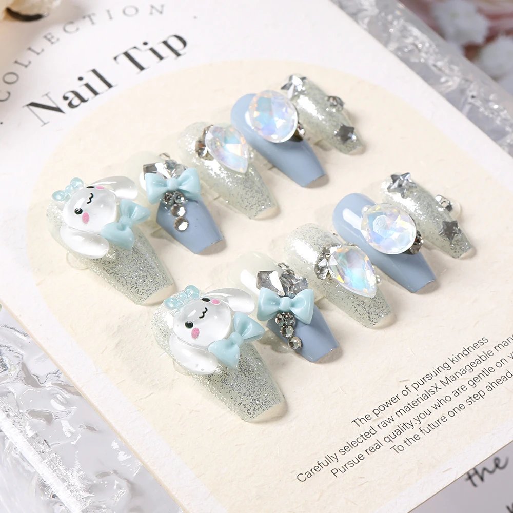 24Pcs Sanrio Blue Cinnamoroll Fake Nails Cute Anime Cartoon Kuromi My Melody press on False nails Fashion Nail Patches for Girls