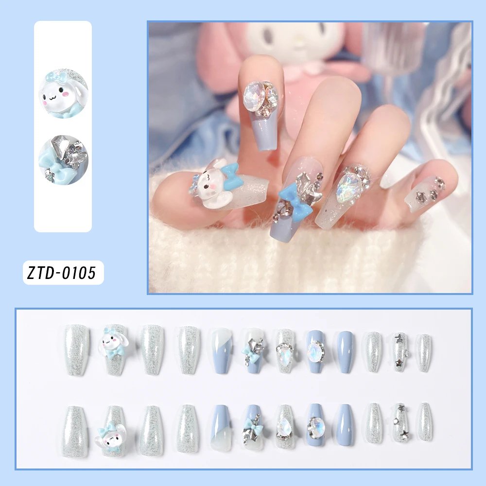 24Pcs Sanrio Blue Cinnamoroll Fake Nails Cute Anime Cartoon Kuromi My Melody press on False nails Fashion Nail Patches for Girls