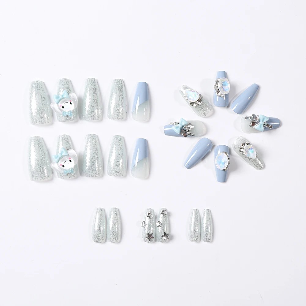 24Pcs Sanrio Blue Cinnamoroll Fake Nails Cute Anime Cartoon Kuromi My Melody press on False nails Fashion Nail Patches for Girls