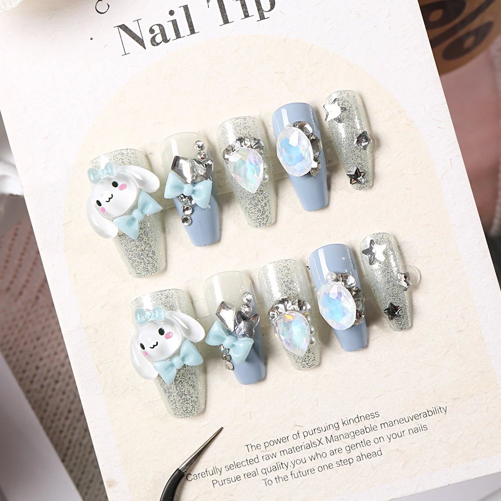 24Pcs Sanrio Blue Cinnamoroll Fake Nails Cute Anime Cartoon Kuromi My Melody press on False nails Fashion Nail Patches for Girls