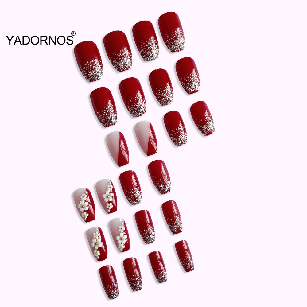 24Pcs Full Cover Fake Nails with 3D White Flower Design Full Cover Press on Fingernails Tips Coffin Head Glitter Red False Nails 24Pcs Full Cover Fake Nails with 3D White Flower Design Full Cover Press on Fingernails Tips Coffin Head Glitter Red False Nails