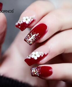 24Pcs Full Cover Fake Nails with 3D White Flower Design Full Cover Press on Fingernails Tips Coffin Head Glitter Red False Nails