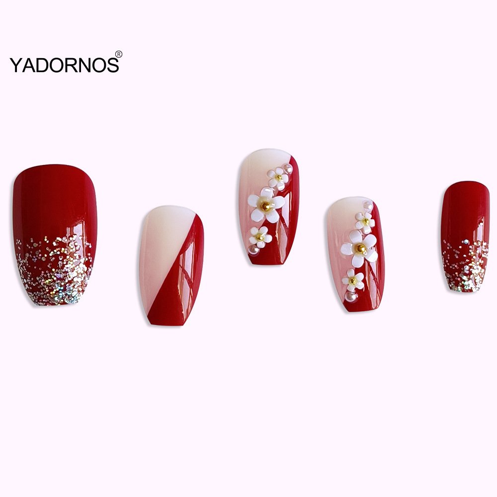 24Pcs Full Cover Fake Nails with 3D White Flower Design Full Cover Press on Fingernails Tips Coffin Head Glitter Red False Nails 24Pcs Full Cover Fake Nails with 3D White Flower Design Full Cover Press on Fingernails Tips Coffin Head Glitter Red False Nails