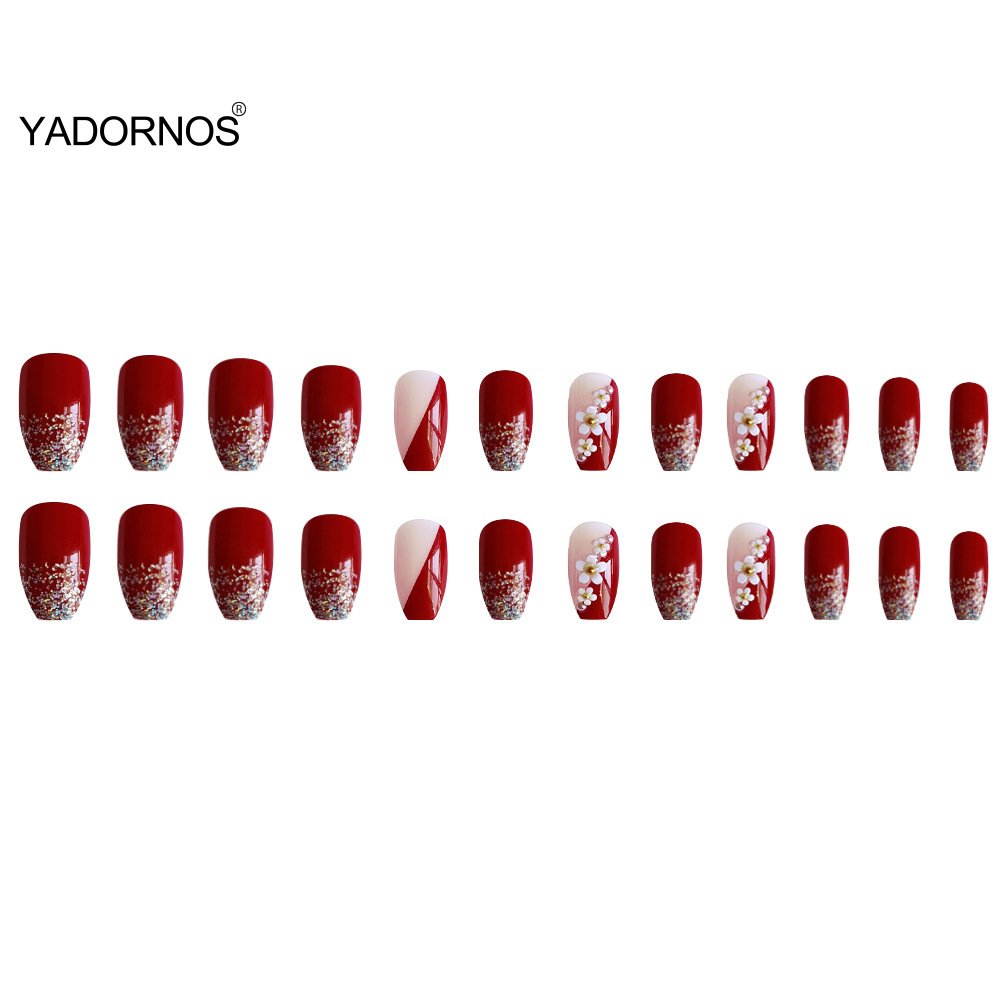 24Pcs Full Cover Fake Nails with 3D White Flower Design Full Cover Press on Fingernails Tips Coffin Head Glitter Red False Nails 24Pcs Full Cover Fake Nails with 3D White Flower Design Full Cover Press on Fingernails Tips Coffin Head Glitter Red False Nails