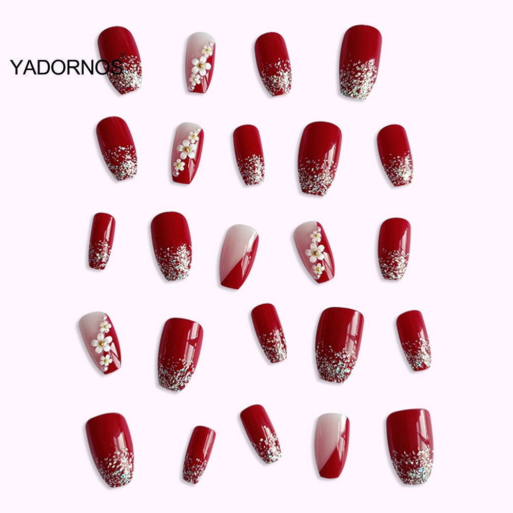 24Pcs Full Cover Fake Nails with 3D White Flower Design Full Cover Press on Fingernails Tips Coffin Head Glitter Red False Nails 24Pcs Full Cover Fake Nails with 3D White Flower Design Full Cover Press on Fingernails Tips Coffin Head Glitter Red False Nails