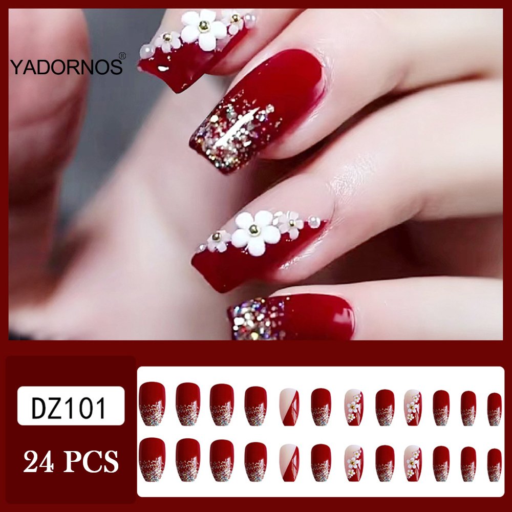 24Pcs Full Cover Fake Nails with 3D White Flower Design Full Cover Press on Fingernails Tips Coffin Head Glitter Red False Nails 24Pcs Full Cover Fake Nails with 3D White Flower Design Full Cover Press on Fingernails Tips Coffin Head Glitter Red False Nails
