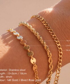 Alternative view of e-Manco Three Layered Coin Chain Cuban Chain Twist Chain Bracelet 316L Stainless Steel Gold Plated Women Body Fashion Jewelry