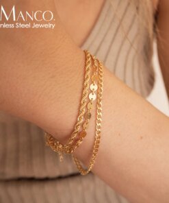 e-Manco Three Layered Coin Chain Cuban Chain Twist Chain Bracelet 316L Stainless Steel Gold Plated Women Body Fashion Jewelry