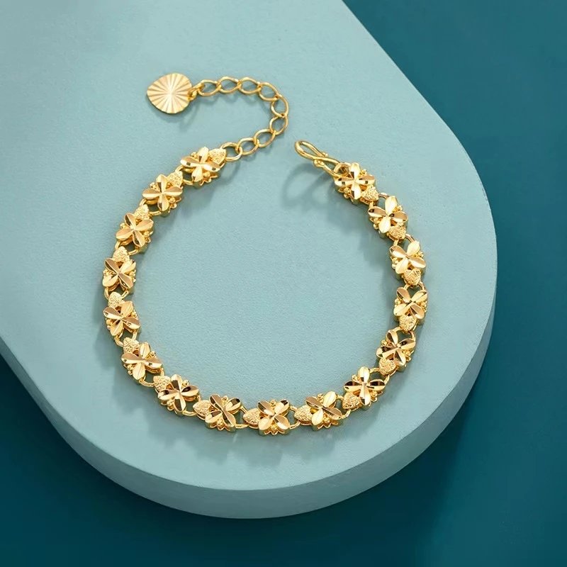 925 Sterling Silver Fashion Lucky 24K Gold 6mm Four-Leaf Clover Gold bracelet, Suitable For Women's Jewelry Gifts