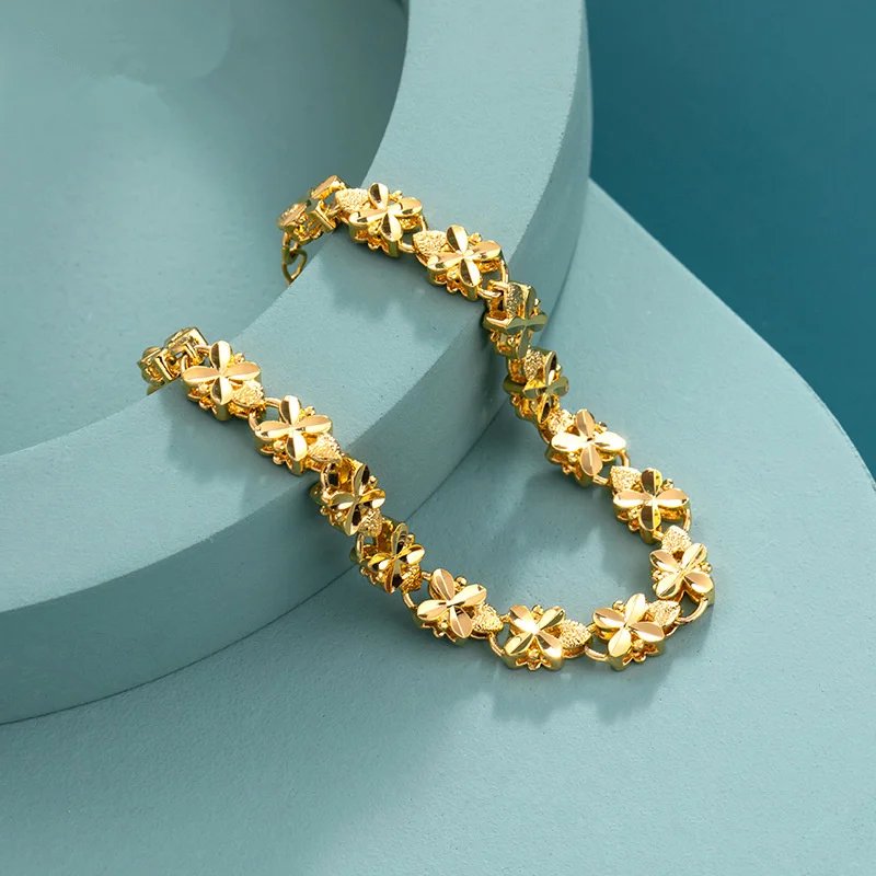 925 Sterling Silver Fashion Lucky 24K Gold 6mm Four-Leaf Clover Gold bracelet, Suitable For Women's Jewelry Gifts