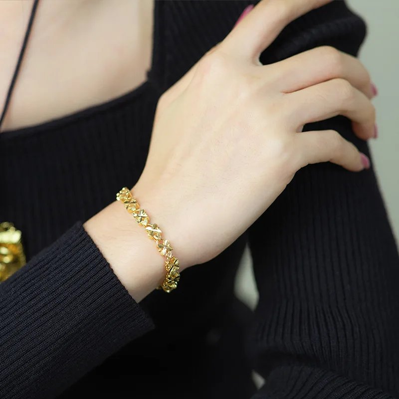 925 Sterling Silver Fashion Lucky 24K Gold 6mm Four-Leaf Clover Gold bracelet, Suitable For Women's Jewelry Gifts