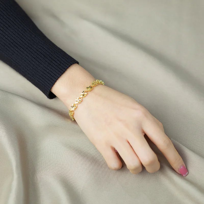 925 Sterling Silver Fashion Lucky 24K Gold 6mm Four-Leaf Clover Gold bracelet, Suitable For Women's Jewelry Gifts
