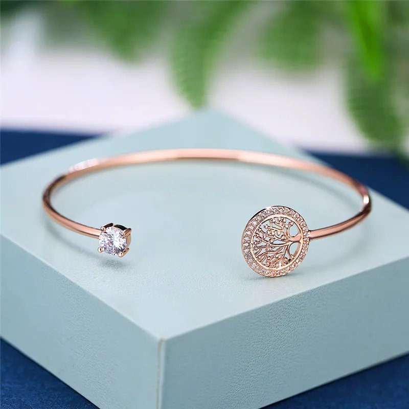 Dainty Female White Zircon Stone Bracelet Tree Of Life Adjustable Bracelets For Women Cute Rose Gold Wedding Bracelet