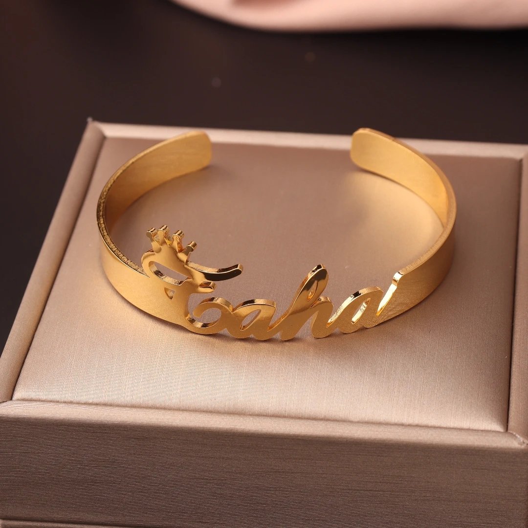 Personalized Custom Name Bracelet Crown Heart Fashion Bangle Stainless Steel Gold Color Bracelet for Women Jewelry Birthday Gift