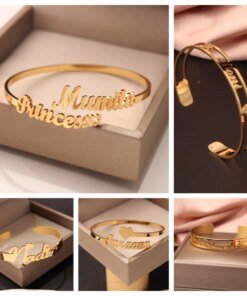 Personalized Custom Name Bracelet Crown Heart Fashion Bangle Stainless Steel Gold Color Bracelet for Women Jewelry Birthday Gift
