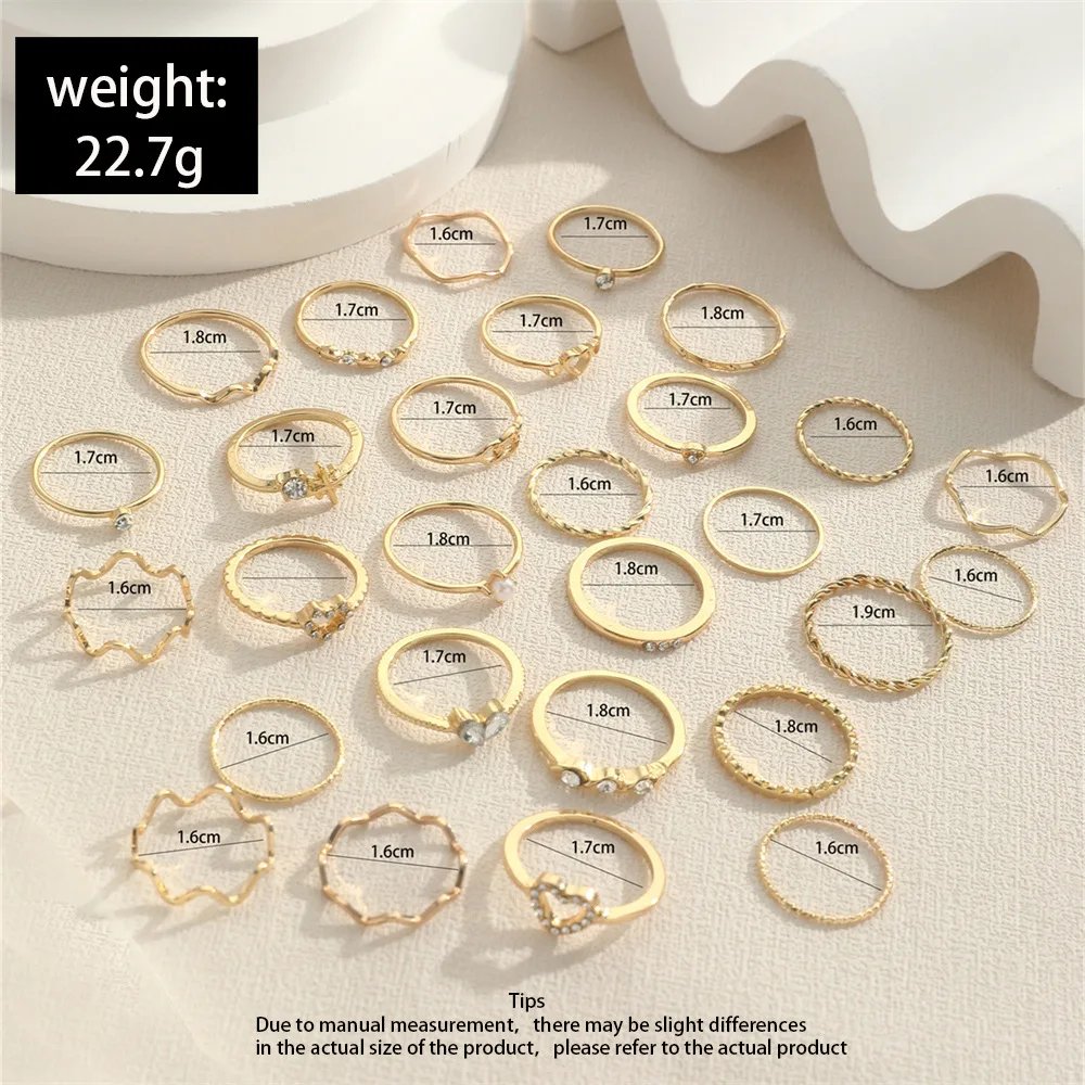 Fashion Simple Wave Joint Rings Set For Women Crystal Heart Shape Gold Silver Color Ring Female Party Jewelry Fashion Simple Wave Joint Rings Set For Women Crystal Heart Shape Gold Silver Color Ring Female Party Jewelry