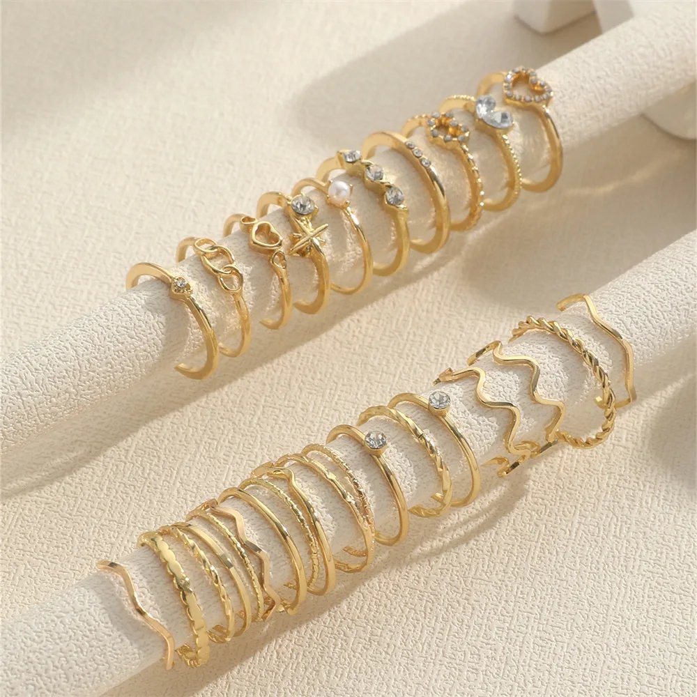 Fashion Simple Wave Joint Rings Set For Women Crystal Heart Shape Gold Silver Color Ring Female Party Jewelry Fashion Simple Wave Joint Rings Set For Women Crystal Heart Shape Gold Silver Color Ring Female Party Jewelry