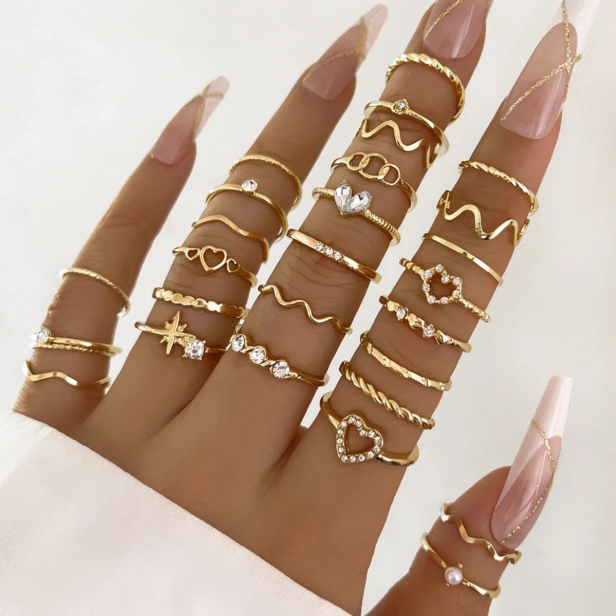 Fashion Simple Wave Joint Rings Set For Women Crystal Heart Shape Gold Silver Color Ring Female Party Jewelry Fashion Simple Wave Joint Rings Set For Women Crystal Heart Shape Gold Silver Color Ring Female Party Jewelry