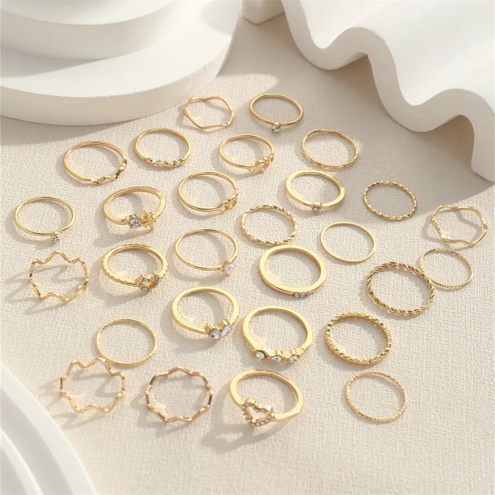 Fashion Simple Wave Joint Rings Set For Women Crystal Heart Shape Gold Silver Color Ring Female Party Jewelry Fashion Simple Wave Joint Rings Set For Women Crystal Heart Shape Gold Silver Color Ring Female Party Jewelry