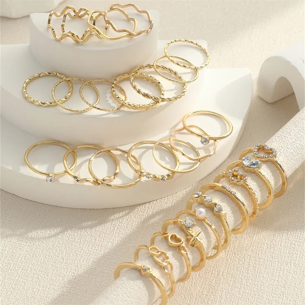 Fashion Simple Wave Joint Rings Set For Women Crystal Heart Shape Gold Silver Color Ring Female Party Jewelry Fashion Simple Wave Joint Rings Set For Women Crystal Heart Shape Gold Silver Color Ring Female Party Jewelry