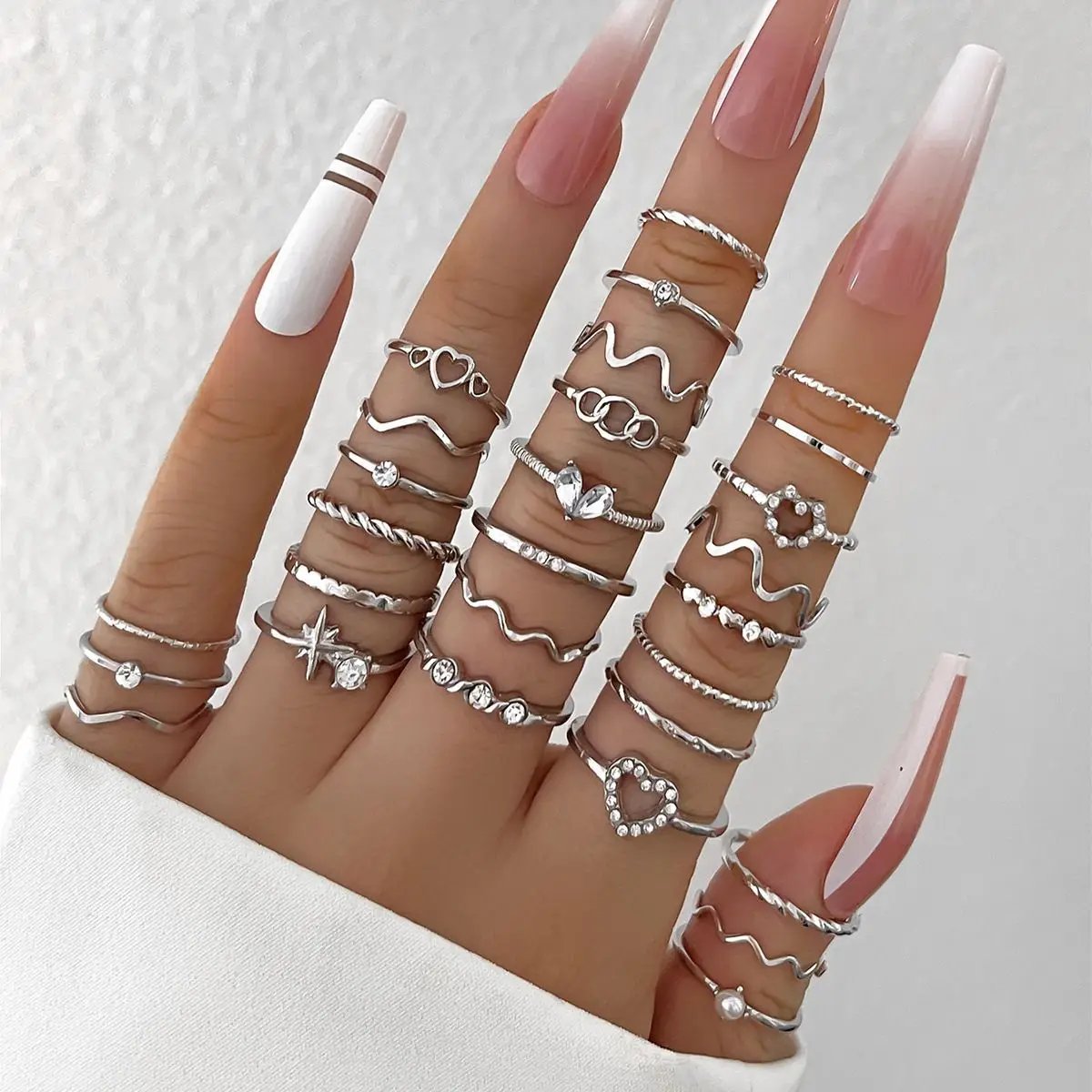Fashion Simple Wave Joint Rings Set For Women Crystal Heart Shape Gold Silver Color Ring Female Party Jewelry Fashion Simple Wave Joint Rings Set For Women Crystal Heart Shape Gold Silver Color Ring Female Party Jewelry