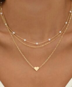 FTCY 3pcs Women's Pearl Necklace Set 14K Gold Fashion Love Heart Pendant Waterproof Hypoallergenic Collarbone Neck Chain Jewelry