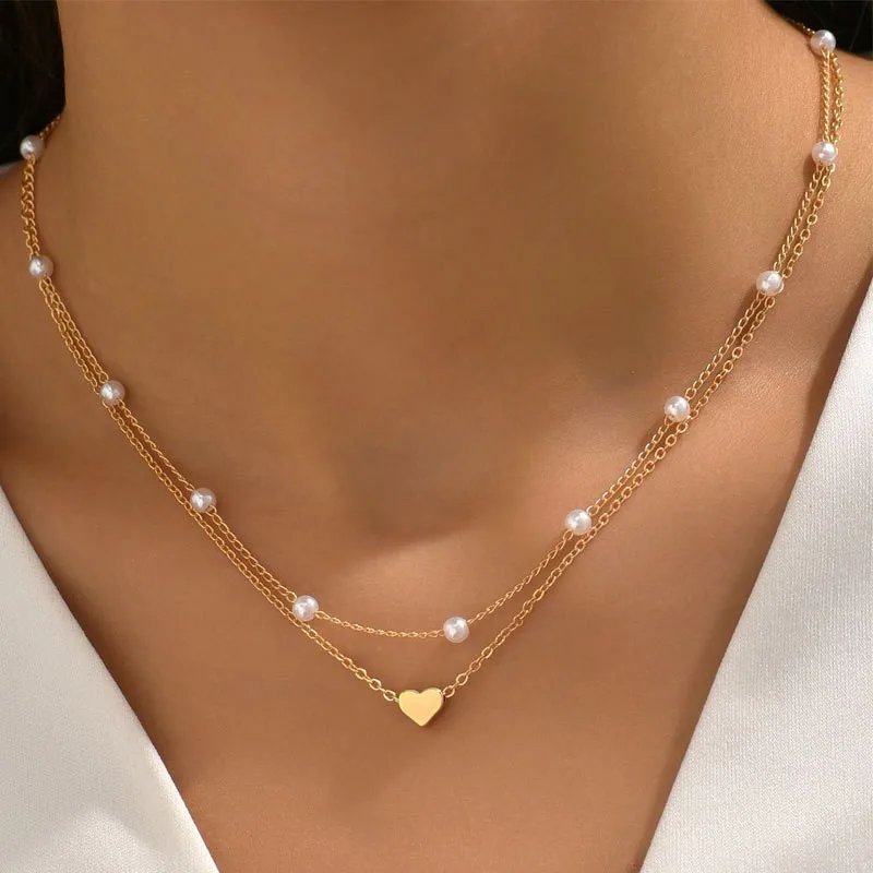 FTCY 3pcs Women's Pearl Necklace Set 14K Gold Fashion Love Heart Pendant Waterproof Hypoallergenic Collarbone Neck Chain Jewelry FTCY 3pcs Women's Pearl Necklace Set 14K Gold Fashion Love Heart Pendant Waterproof Hypoallergenic Collarbone Neck Chain Jewelry