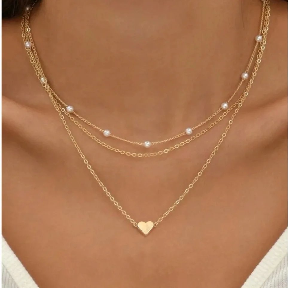 FTCY 3pcs Women's Pearl Necklace Set 14K Gold Fashion Love Heart Pendant Waterproof Hypoallergenic Collarbone Neck Chain Jewelry FTCY 3pcs Women's Pearl Necklace Set 14K Gold Fashion Love Heart Pendant Waterproof Hypoallergenic Collarbone Neck Chain Jewelry
