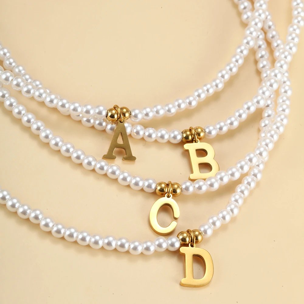 Stainless steel letters initial pendant necklace diy name Simulated pearls Bead Necklaces for Women Pearl Woman's Choker jewelry