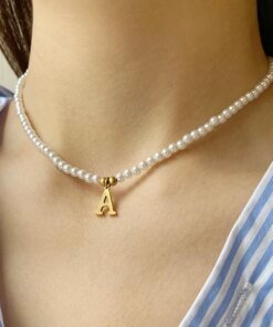 Alternative view of Stainless steel letters initial pendant necklace diy name Simulated pearls Bead Necklaces for Women Pearl Woman's Choker jewelry