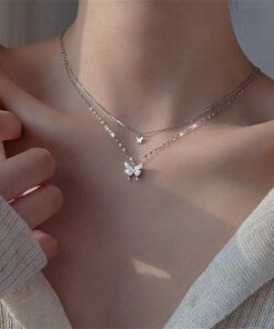 New Shiny Butterfly Necklace Ladies Exquisite Double Layer Clavicle Chain Necklace Jewelry for Ladies Gift