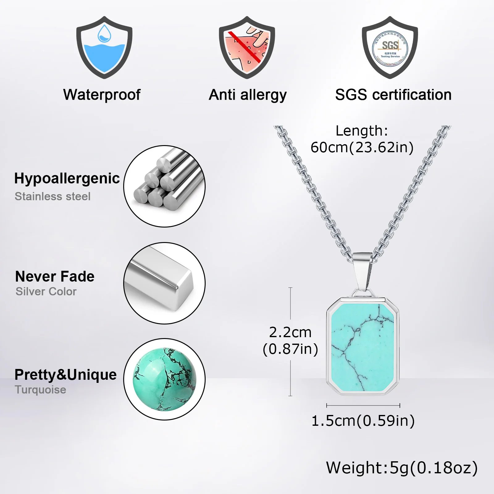 Trendy Pendant Necklaces for Men Boys,Square Natural Stone Stainless Steel Necklaces,New Hip Hop Cool Jewelry Gifts