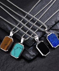 Trendy Pendant Necklaces for Men Boys,Square Natural Stone Stainless Steel Necklaces,New Hip Hop Cool Jewelry Gifts