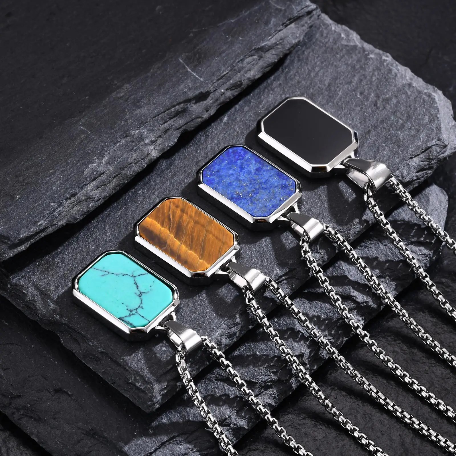 Trendy Pendant Necklaces for Men Boys,Square Natural Stone Stainless Steel Necklaces,New Hip Hop Cool Jewelry Gifts