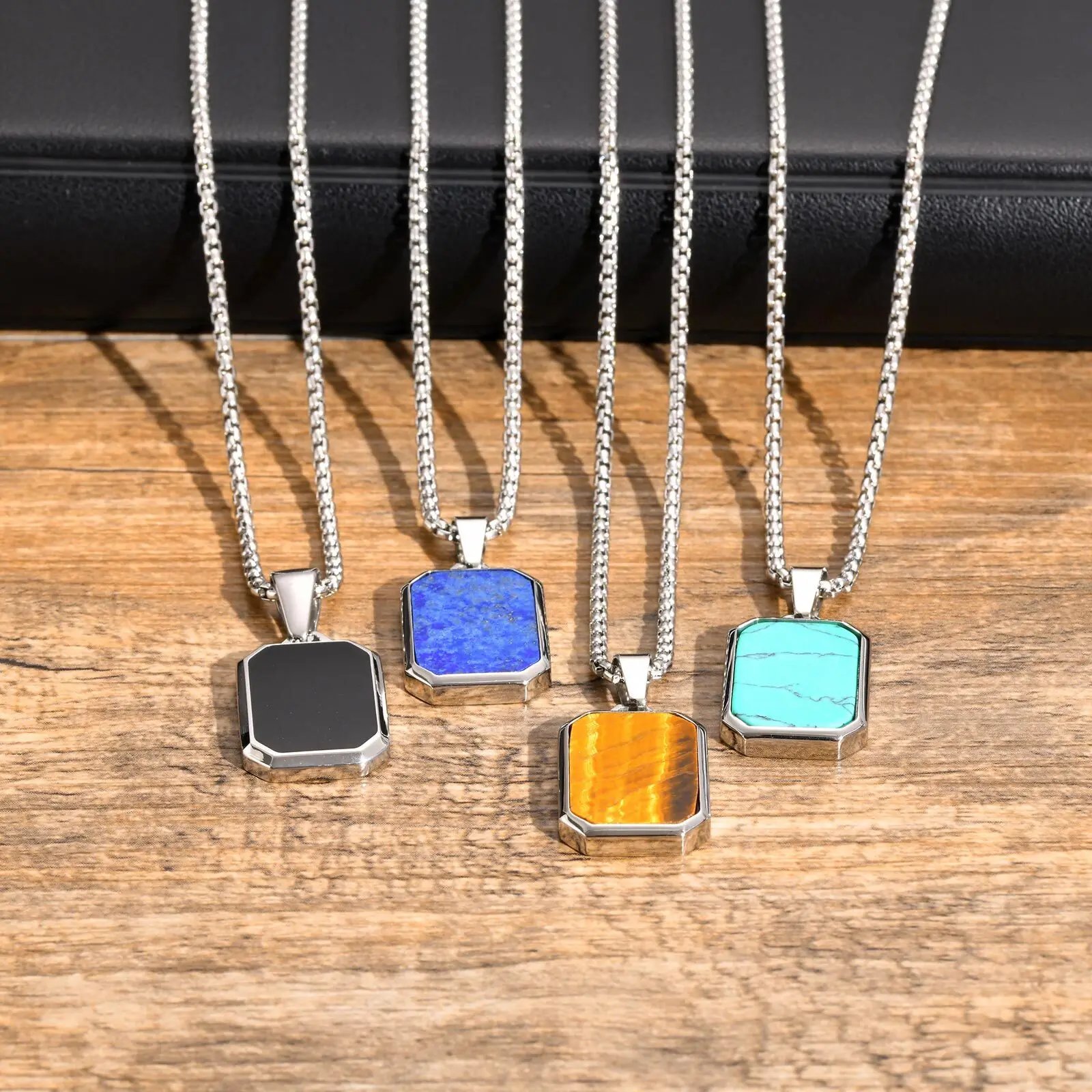Trendy Pendant Necklaces for Men Boys,Square Natural Stone Stainless Steel Necklaces,New Hip Hop Cool Jewelry Gifts