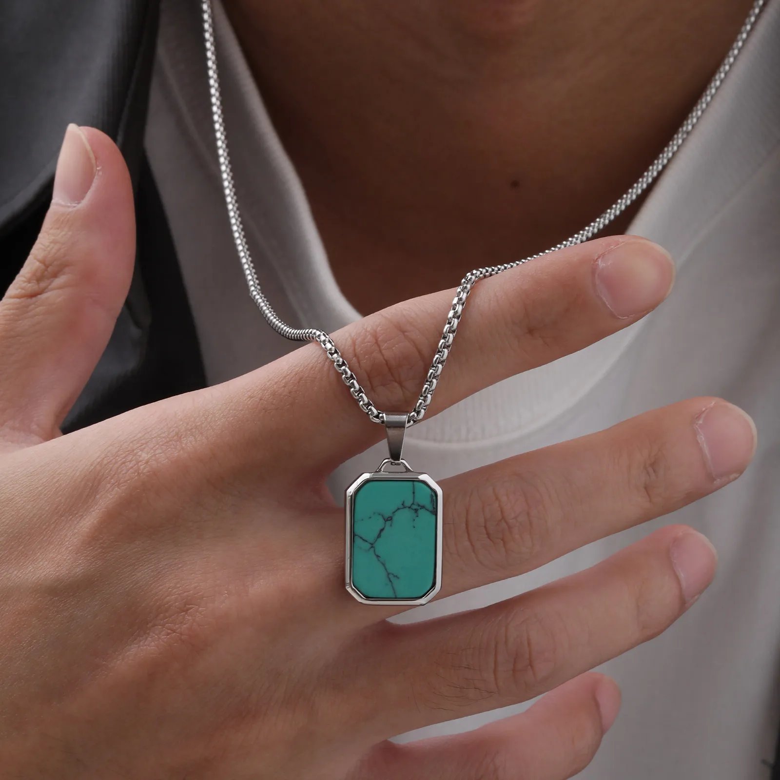 Trendy Pendant Necklaces for Men Boys,Square Natural Stone Stainless Steel Necklaces,New Hip Hop Cool Jewelry Gifts