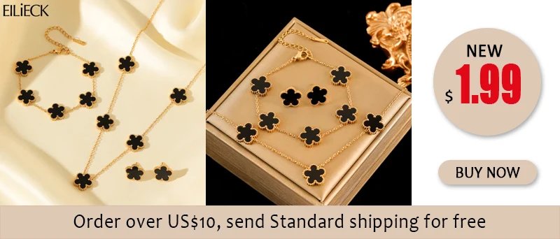 EILIECK 316L Stainless Steel Black Five Leaf Flower Pendant Necklace For Women Fashion Two-Sided Clover Neck Chain Jewelry Gift