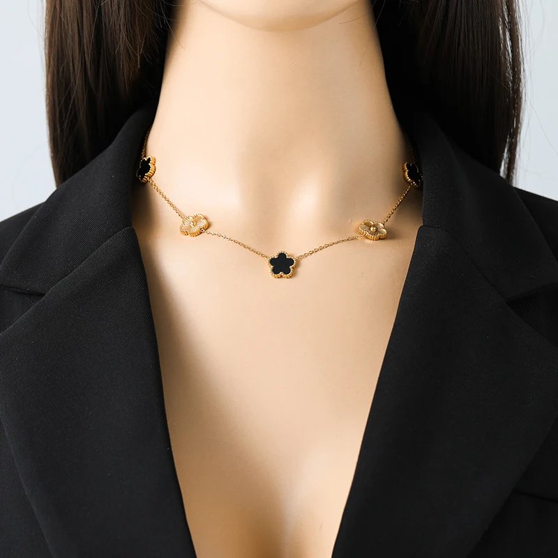 EILIECK 316L Stainless Steel Black Five Leaf Flower Pendant Necklace For Women Fashion Two-Sided Clover Neck Chain Jewelry Gift