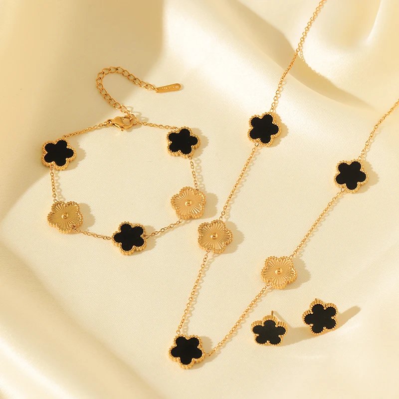EILIECK 316L Stainless Steel Black Five Leaf Flower Pendant Necklace For Women Fashion Two-Sided Clover Neck Chain Jewelry Gift