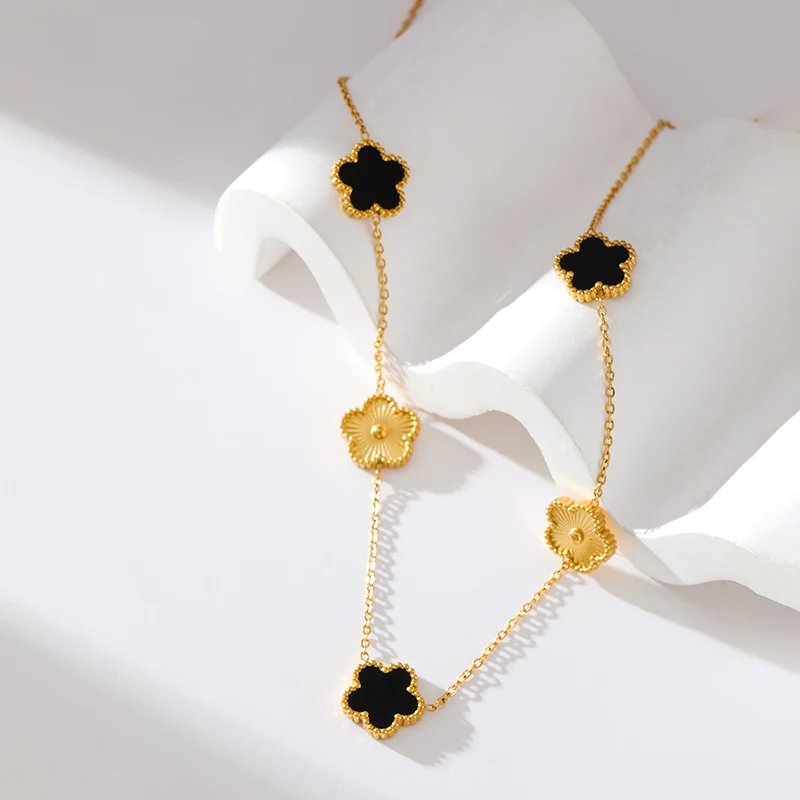 EILIECK 316L Stainless Steel Black Five Leaf Flower Pendant Necklace For Women Fashion Two-Sided Clover Neck Chain Jewelry Gift