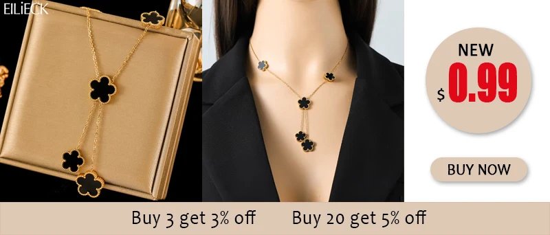 EILIECK 316L Stainless Steel Black Five Leaf Flower Pendant Necklace For Women Fashion Two-Sided Clover Neck Chain Jewelry Gift
