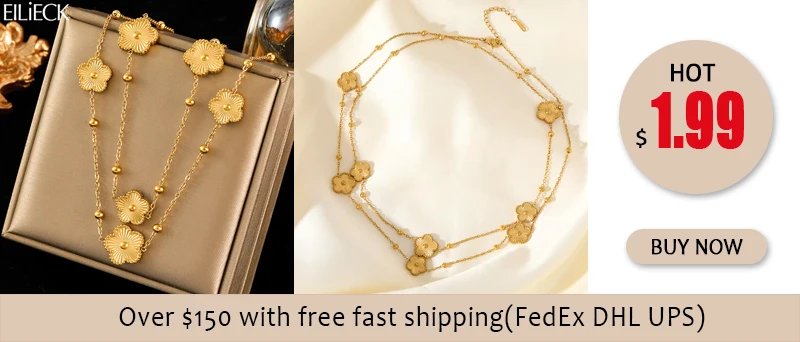 EILIECK 316L Stainless Steel Black Five Leaf Flower Pendant Necklace For Women Fashion Two-Sided Clover Neck Chain Jewelry Gift