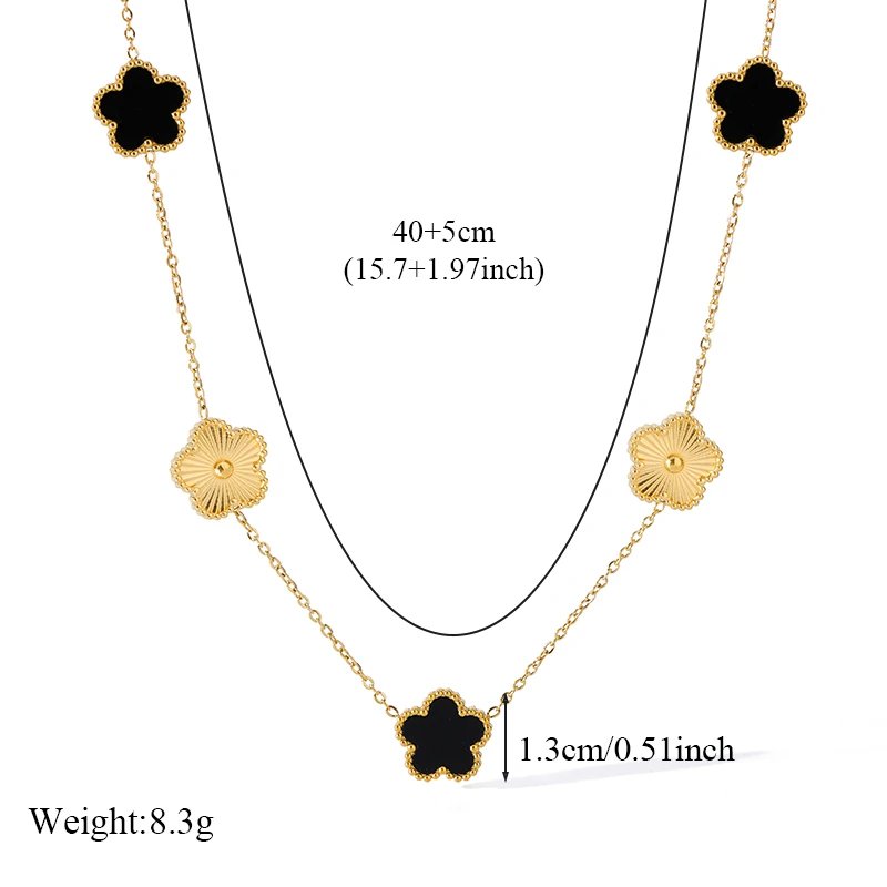 EILIECK 316L Stainless Steel Black Five Leaf Flower Pendant Necklace For Women Fashion Two-Sided Clover Neck Chain Jewelry Gift