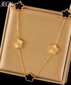 EILIECK 316L Stainless Steel Black Five Leaf Flower Pendant Necklace For Women Fashion Two-Sided Clover Neck Chain Jewelry Gift