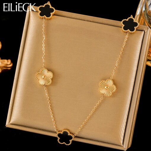 EILIECK 316L Stainless Steel Black Five Leaf Flower Pendant Necklace For Women Fashion Two-Sided Clover Neck Chain Jewelry Gift
