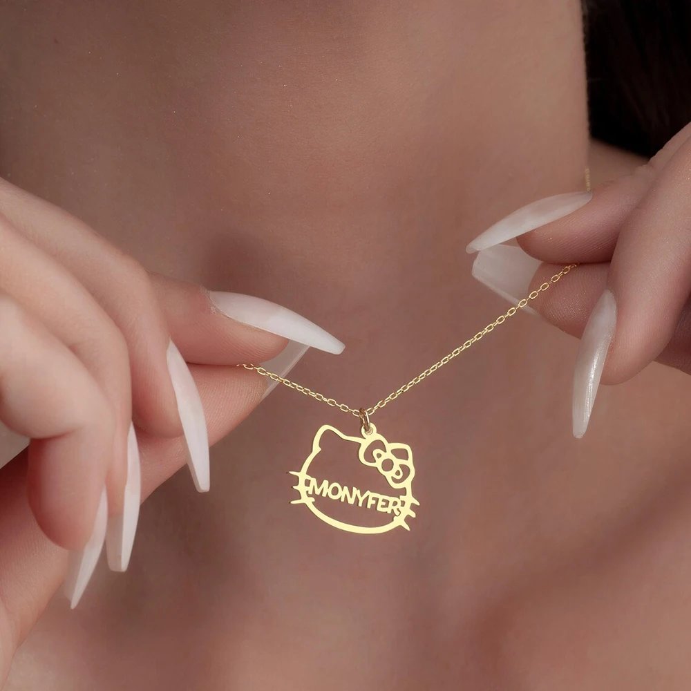 Customized Name Necklace, Personalized Cartoon Cat Necklace, Name Jewelry, Mom's Gift, Baby Welcome Party Pendant